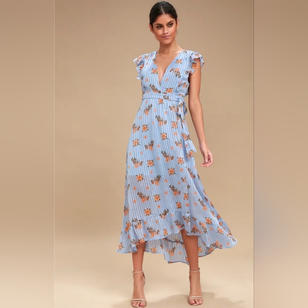 Astr The Label Blue Floral Print Midi Wrap Dress